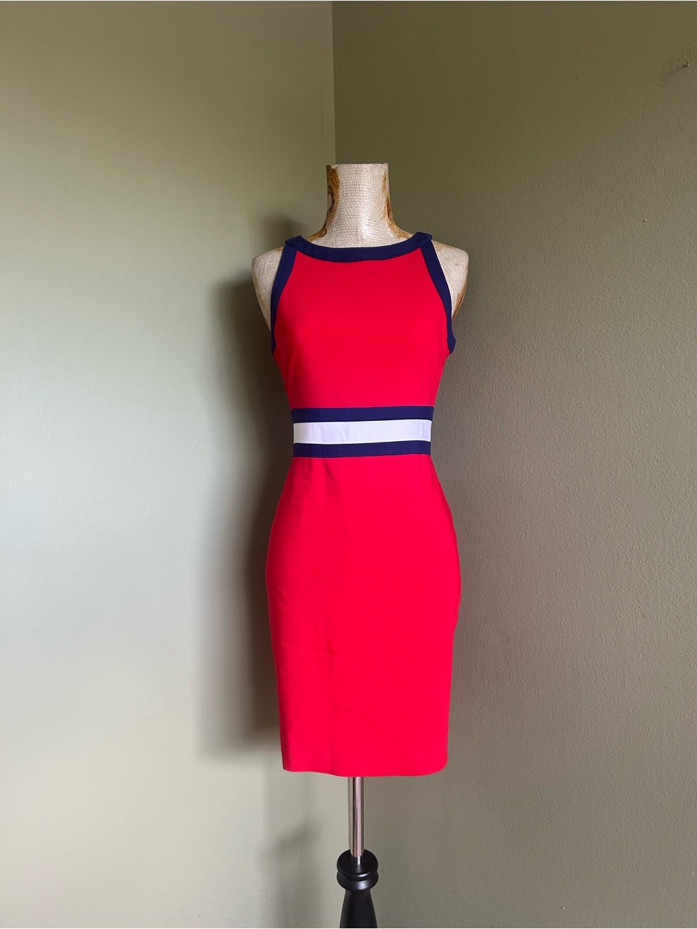 Banana Republic Red Midi Sheath Dress with Navy and White Accents